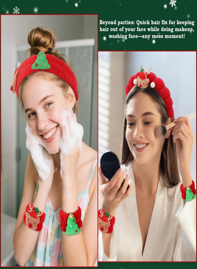 Wecoe Christmas Spa Headband & Wristband Set for Washing Face Red Facial Skincare Makeup Headband Puffy Sponge Bubble Head Band Bow Tie Hair Band Hair Clips Women Girls Accessories Gifts - Image 4